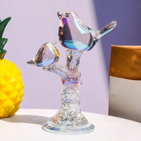 Iridescent Crystal Bird Figurine On Branch Rainbow Coating Glass Animal Statue Home Decor Mothers Day Gift Centerpiece