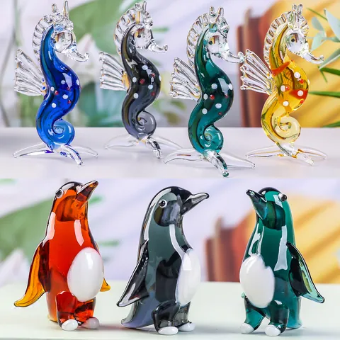 Crystal Seahorse Penguin Figurine Glass Animal Ornament Home Decor Accent Miniature Statue For Living Room Entrance Gift