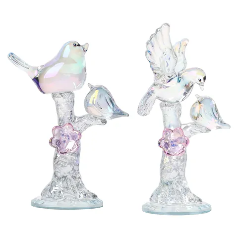 Iridescent Crystal Bird Figurine On Branch Rainbow Coating Glass Animal Statue Home Decor Mothers Day Gift Centerpiece