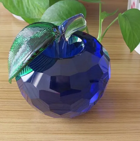 Honeycomb Faceted K9 White Crystal Apple Ornament Colorful Decorative Glass Fruit Desk Figurine With Green Leaf Business Creative Gift
