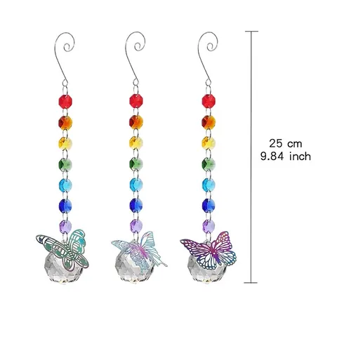 Rainbow Crystal Suncatcher Hanging Ornament With Butterfly Dragonfly Moth Metal Pendant Colorful Octagon Beads Faceted Ball