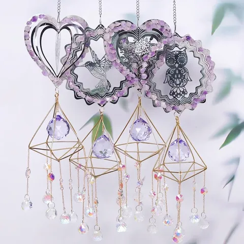 Amethyst Crystal Suncatcher Hanging Ornament Purple Crushed Stone Hummingbird Heart Tree of Life Wind Chime Garden Window Home Decor Gift