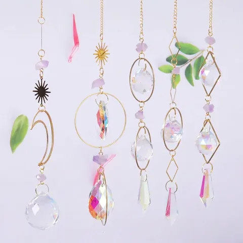 Crystal Suncatcher With Purple Amethyst Gold Geometric Moon Star Hanging Decor AB Prism Ball Window Garden Ornament