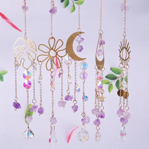Crystal Suncatcher With Natural Amethyst Gravel Gold Metal Frame Flower Moon Eye Monstera Leaf Star AB Aurora Hanging Ornament Garden Decor