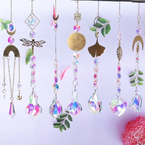 Crystal Suncatcher Prism Hanging Ornament AB Iridescent Moon Dragonfly Ginkgo Leaf Gold Pendant For Garden Home Decoration