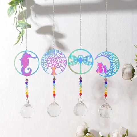 Crystal Suncatcher Hanging Ornament Colorful Iron Piece Tree of Life Dragonfly Seahorse Moon Cat Garden Decor Rainbow Maker