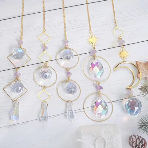 Crystal Suncatcher With Purple Amethyst Gold Geometric Moon Star Hanging Decor AB Prism Ball Window Garden Ornament