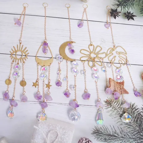 Crystal Suncatcher With Natural Amethyst Gravel Gold Metal Frame Flower Moon Eye Monstera Leaf Star AB Aurora Hanging Ornament Garden Decor