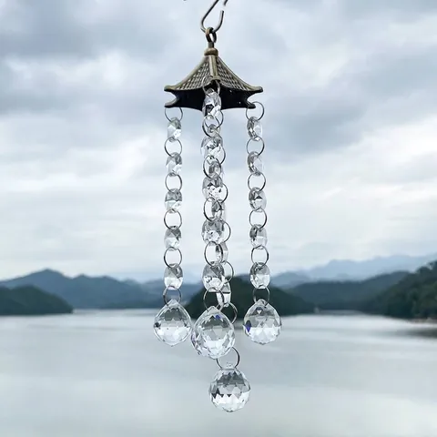 Antique Bronze Metal Crystal Suncatcher Wind Chime Pendant Garden Outdoor Hanging Ornament Transparent Glass Prism Decoration