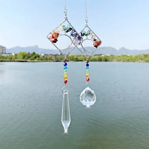 Handmade Square Tree Of Life Crystal Suncatcher Hanging Ornament With Rainbow Chakra Stones Metal Frame Garden Home Decor