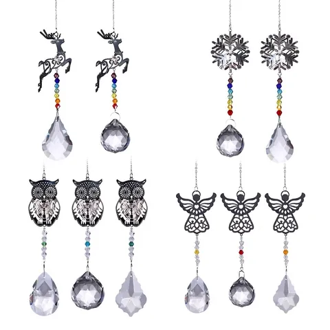 Crystal Glass Suncatcher Wind Chime With Rainbow Beads Alloy Hollow Owl Elk Snowflake Angel Prism Pendant Christmas Home Decor