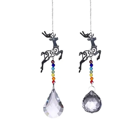 Crystal Glass Suncatcher Wind Chime With Rainbow Beads Alloy Hollow Owl Elk Snowflake Angel Prism Pendant Christmas Home Decor