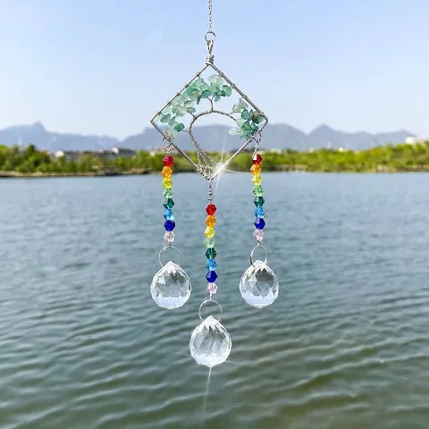 Handmade Square Tree Of Life Crystal Suncatcher Hanging Ornament With Rainbow Chakra Stones Metal Frame Garden Home Decor
