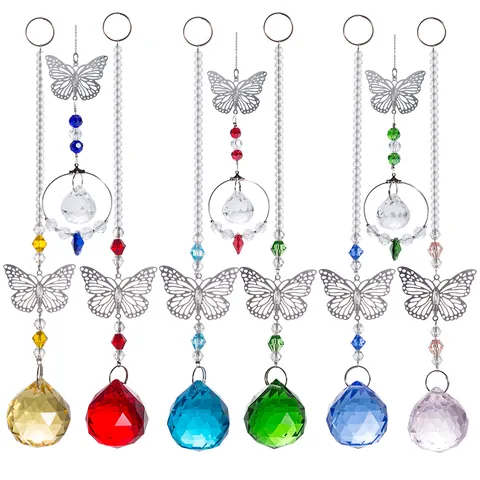 Crystal Butterfly Suncatcher Hanging Ornament Colorful Glass Prism Metal Hollow Butterfly Garden Decoration Home Window Decor Gift