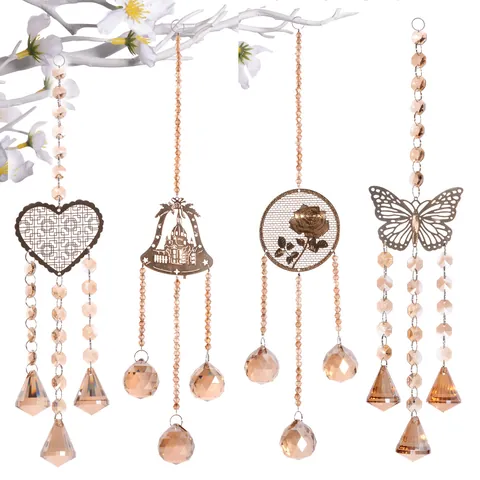Crystal Suncatcher Hanging Heart Butterfly Bell Rose Gold Champagne Crystal Balls Prisms Window Decoration Garden Home Decor