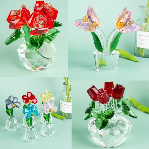 Elegante Adorno de Flor de Rosa de Cristal K9 Para Decoración de Mesa Interior de Coche Figurita de Planta de Vidrio Facetado Regalo del Día de San Valentín