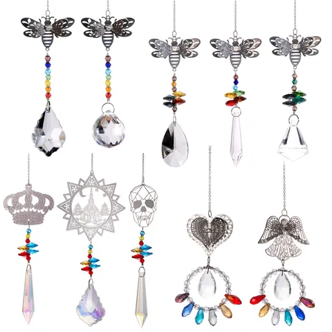 White Crystal Alloy Suncatcher Hanging Ornament With Bee Angel Heart Crown Rainbow Maker Prism For Home Garden Window Decor