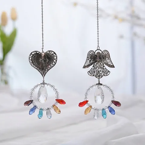 White Crystal Alloy Suncatcher Hanging Ornament With Bee Angel Heart Crown Rainbow Maker Prism For Home Garden Window Decor