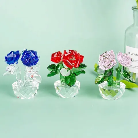 Elegante Adorno de Flor de Rosa de Cristal K9 Para Decoración de Mesa Interior de Coche Figurita de Planta de Vidrio Facetado Regalo del Día de San Valentín