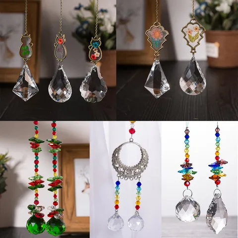 Attrape-Soleil en Cristal Décoration Suspendue Design Chat Avec Fleur Séchée Réelle Prisme Boule Facettée Décor de Maison Jardin