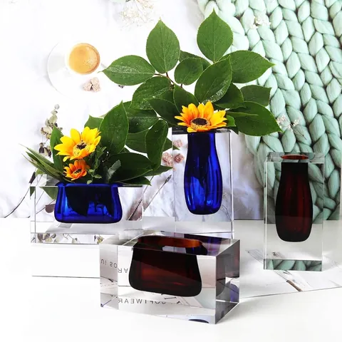 Nordisch Minimalistische Rechteckige Künstliche Kristall Glas Vase Mit Farbigem Kern Zweifarbige Blumenvase Moderne Kunst Haus Deko