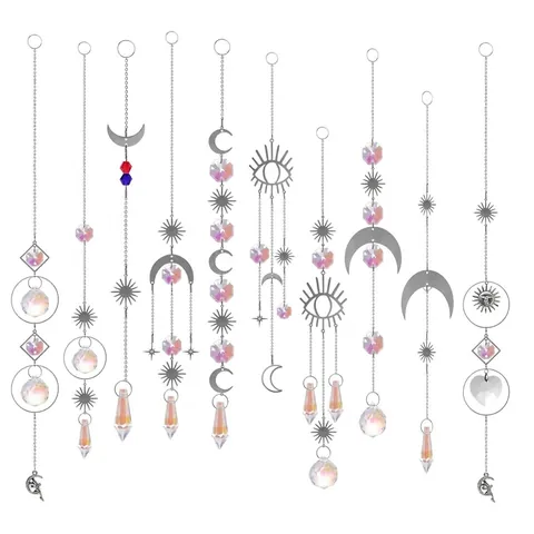 Silver Crystal Suncatcher Hanging Ornament Moon Sun Star Eye Flower Fairy Prism Pendant For Garden Window Home Decor Gifts