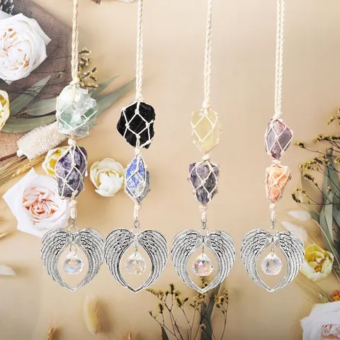 Φτερά Αγγέλου Καρδιά Κρυστάλλινο Suncatcher Κρεμαστό Διακοσμητικό Με Φυσικές Πέτρες Και Βαμβακερό Σχοινί Για Αυτοκίνητο Σπίτι Κήπο