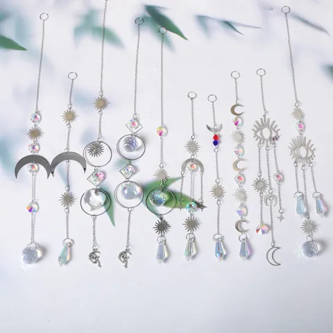 Silver Crystal Suncatcher Hanging Ornament Moon Sun Star Eye Flower Fairy Prism Pendant For Garden Window Home Decor Gifts