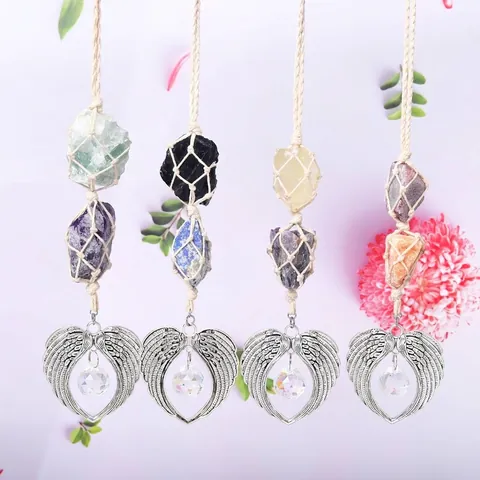 Φτερά Αγγέλου Καρδιά Κρυστάλλινο Suncatcher Κρεμαστό Διακοσμητικό Με Φυσικές Πέτρες Και Βαμβακερό Σχοινί Για Αυτοκίνητο Σπίτι Κήπο