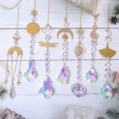 Crystal Suncatcher Prism Hanging Ornament AB Iridescent Moon Dragonfly Ginkgo Leaf Gold Pendant For Garden Home Decoration