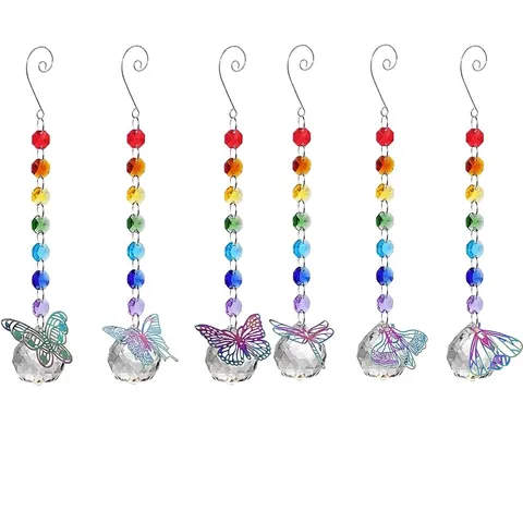 Rainbow Crystal Suncatcher Hanging Ornament With Butterfly Dragonfly Moth Metal Pendant Colorful Octagon Beads Faceted Ball