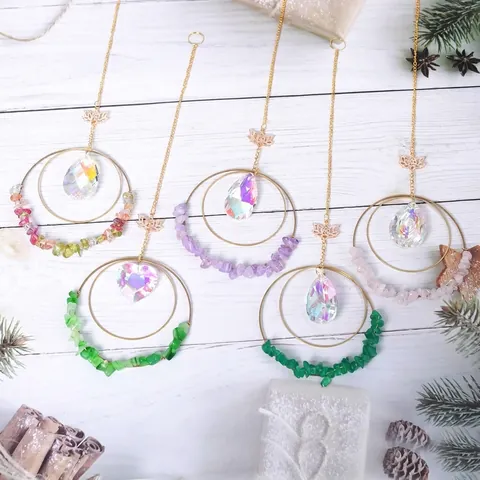 Bohemian Crystal Suncatcher Hanging Ornament With AB Color Crystal Drop Lotus Charm Natural Stone Gravel For Home Garden Decor