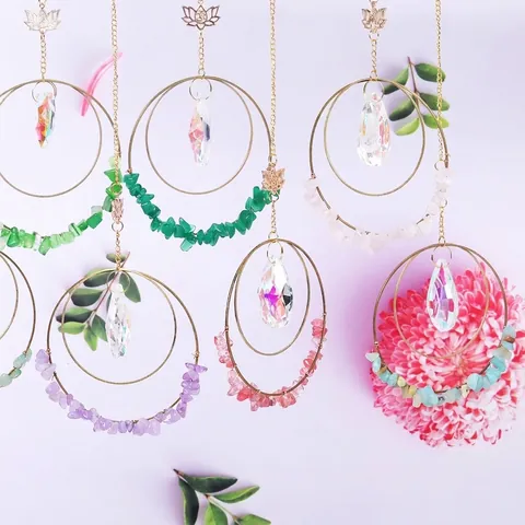 Bohemian Crystal Suncatcher Hanging Ornament With AB Color Crystal Drop Lotus Charm Natural Stone Gravel For Home Garden Decor