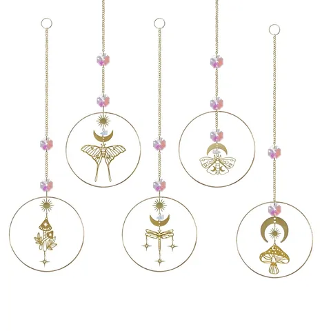 Gold White Crystal Suncatcher Mushroom Butterfly Dragonfly Moon Star Metal Hanging Decor Garden Window Home Bohemian Sun Catcher