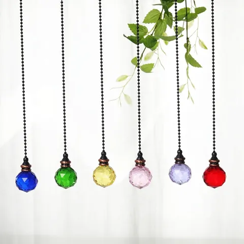 Crystal Ball Ceiling Fan Pull Chain Ornament Faceted Clear Colorful Crystal Pendant With Metal Bead Chain For Home Yard Decor