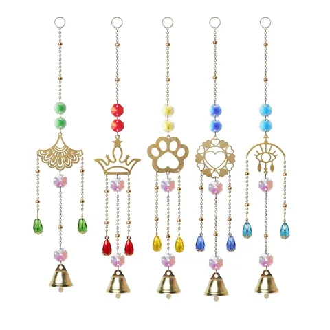 Crystal Suncatcher Hanging Ornament Golden Alloy Garden Wind Chime With Bell Heart Cat Claw Eye Shapes For Home Decor