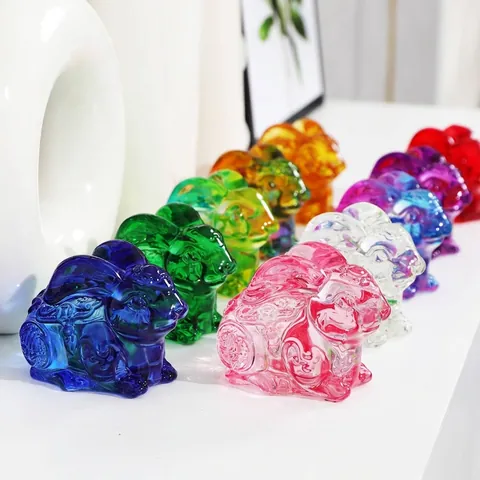 Modern Chinese Style Crystal Zodiac Rabbit Ornament Colorful Gradient Glass Rabbit Figurine Desktop Decor For Living Room Office Gift