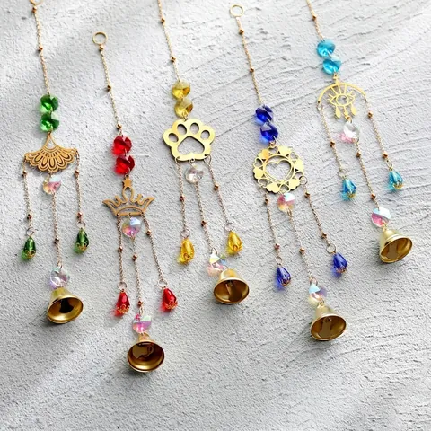 Crystal Suncatcher Hanging Ornament Golden Alloy Garden Wind Chime With Bell Heart Cat Claw Eye Shapes For Home Decor