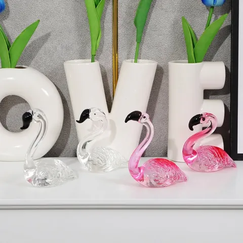 Ornements Flamants Roses en Cristal Modernes Ensemble de Couple Figurines d'Animaux en Verre Rose Transparent Bleu Pour Décoration Maison Salon Bureau Cadeau