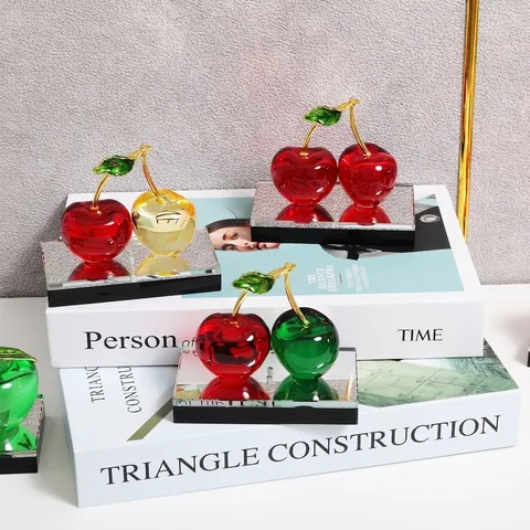Luxury White Crystal Fruit Vegetable Ornaments Simulation Apple Cherry Bell Pepper Figurine With Metallic Leaf Mirror Base Home Office Car Decor