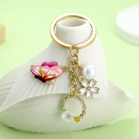 Fairy Style Butterfly Flower Keychain Pendant Gold Plated Alloy Enamel Artificial Pearl Rhinestone Bag Charm Gift For Women