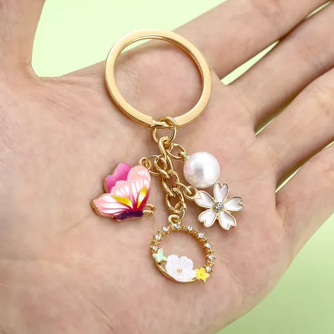 Fairy Style Butterfly Flower Keychain Pendant Gold Plated Alloy Enamel Artificial Pearl Rhinestone Bag Charm Gift For Women