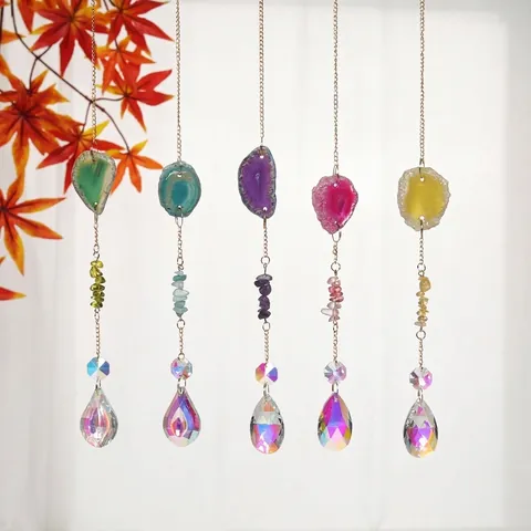 Luxe Vintage Tranche d'Agate Naturelle Cristal Carillon de Vent Voiture Suspension Ornement Couleur AB Cristal Goutte d'Eau Attrape-Soleil Décoration Maison