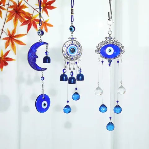 Bohemian Evil Eye Hanging Ornament Turkish White Crystal Blue Eye Wind Chime For Car Home Decor Retro Tassel Protection Amulet