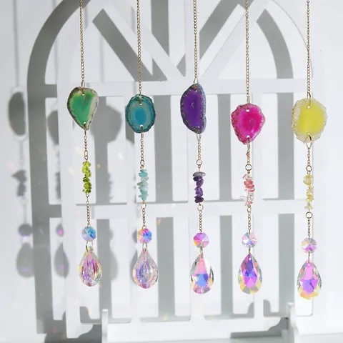 Luxe Vintage Tranche d'Agate Naturelle Cristal Carillon de Vent Voiture Suspension Ornement Couleur AB Cristal Goutte d'Eau Attrape-Soleil Décoration Maison