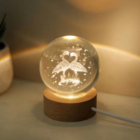 Luce Notturna Sfera di Cristallo con Incisione Laser 3D e Base in Legno LED Alimentata Tramite USB Astronauta Delfino Ruota Panoramica Ornamento