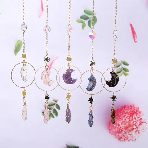 Bohemian Moon Star Crystal Stone Hanging Ornament Wire Wrapped Natural Healing Pillar Pendant Suncatcher For Wall Decor Home Living Room