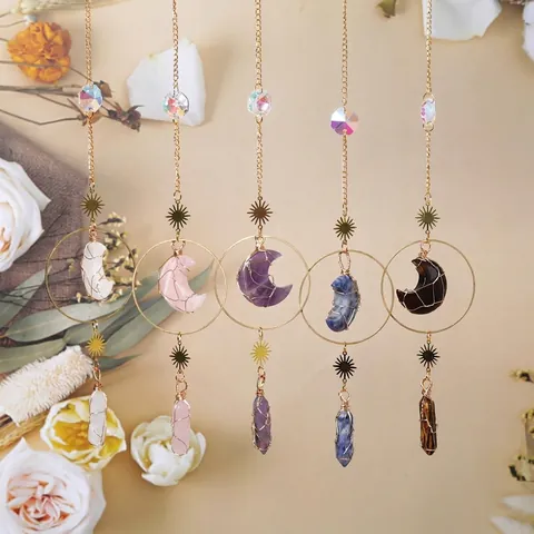 Bohemian Moon Star Crystal Stone Hanging Ornament Wire Wrapped Natural Healing Pillar Pendant Suncatcher For Wall Decor Home Living Room
