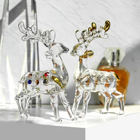 Statuetta di Cervo in Cristallo Stile Europeo di Lusso Con Corna Dorate e Strass Colorati per Decorazioni Natalizie