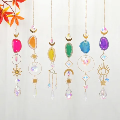 Attrape-Soleil en Cristal Avec Tranches d'Agate Naturelle Carillon Bohème Lune Étoile Décoration à Suspendre pour Jardin Patio